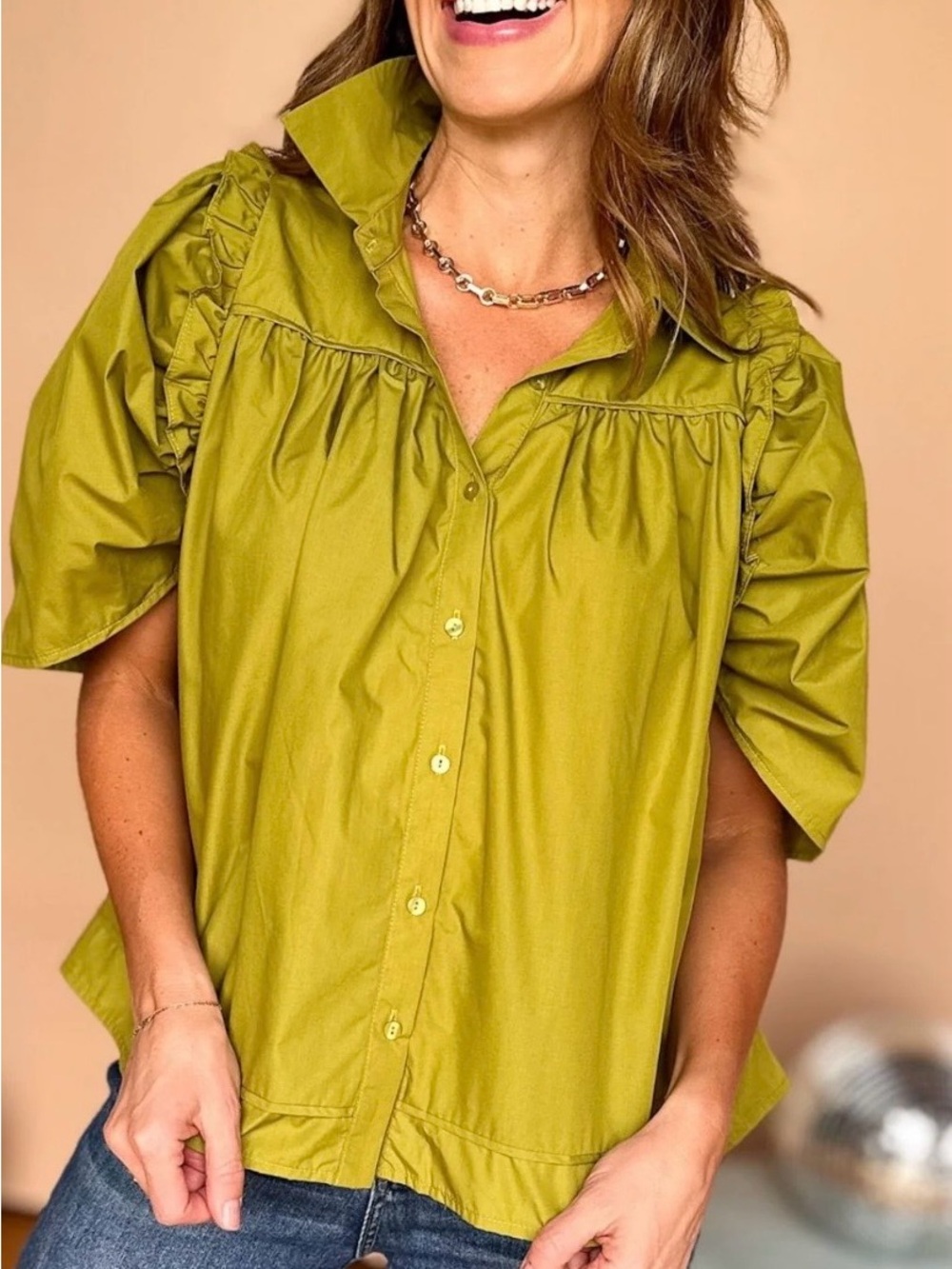 Entro Olive Green RUFFLED BUTTON DOWN BLOUSE,  PREPPY, BABY DOLL, WOMEN SIZE M